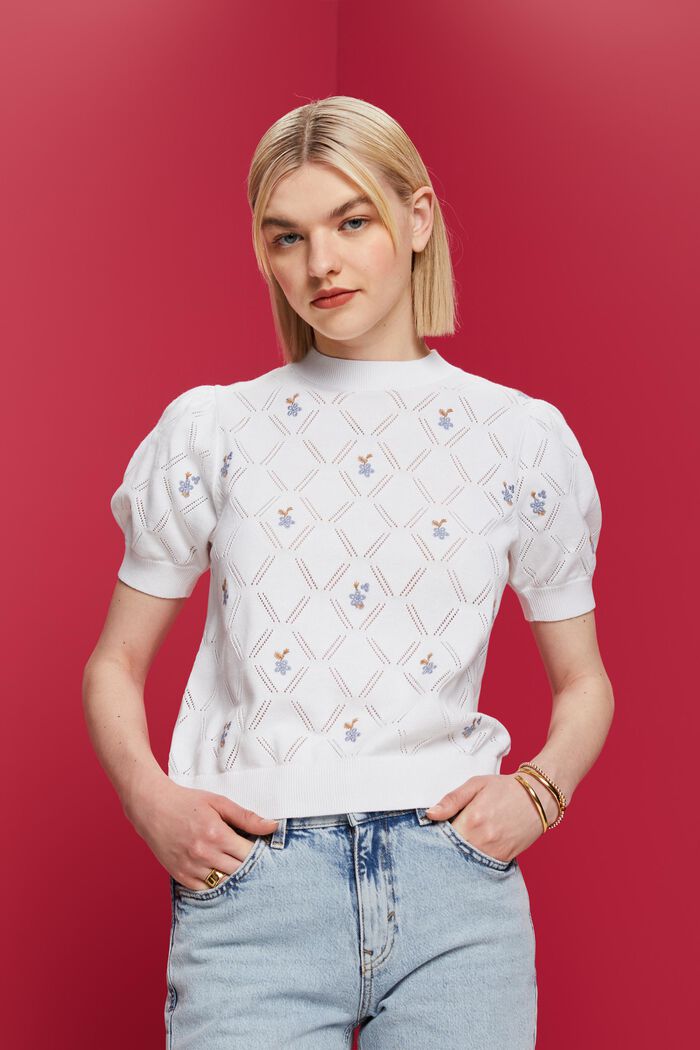 Embroidered short sleeve jumper, 100% cotton, WHITE, detail image number 0