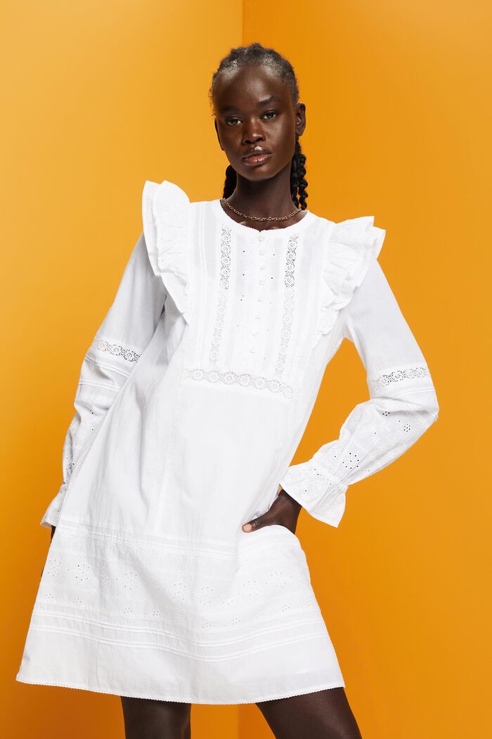 자수 디테일 미니 드레스, 100% 코튼, WHITE, detail image number 0