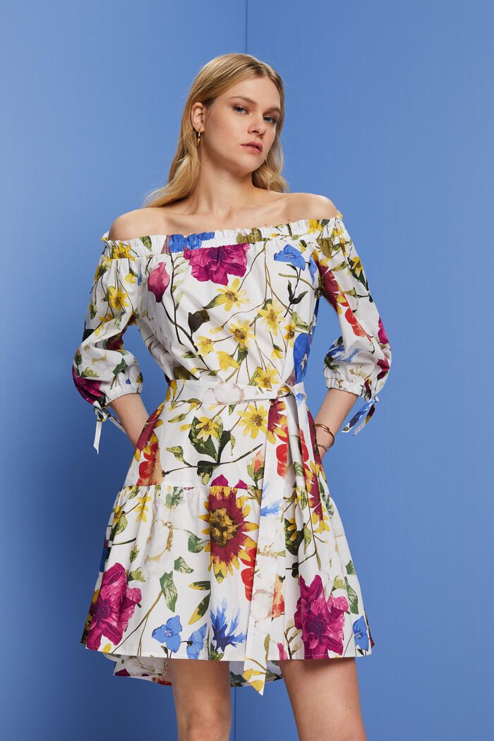 패턴 오프숄더 포플린 미니 드레스, WHITE, detail image number 0